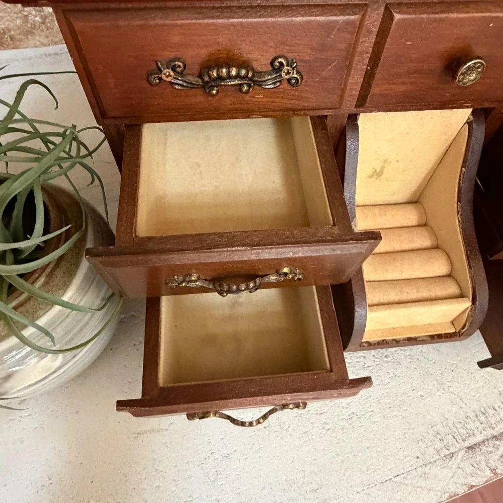 Vintage Wooden Jewelry Box Miniature Dresser Chest Mirror Ring Drawer Organizer